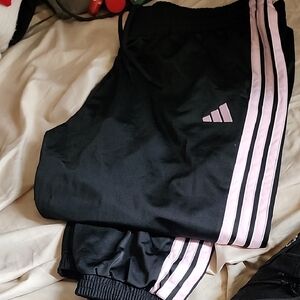 Adidas Kids Black Joggers with Pink Stripes